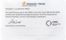 1g Goldbarren Heimerle und Meule Merry Christmas FineCard